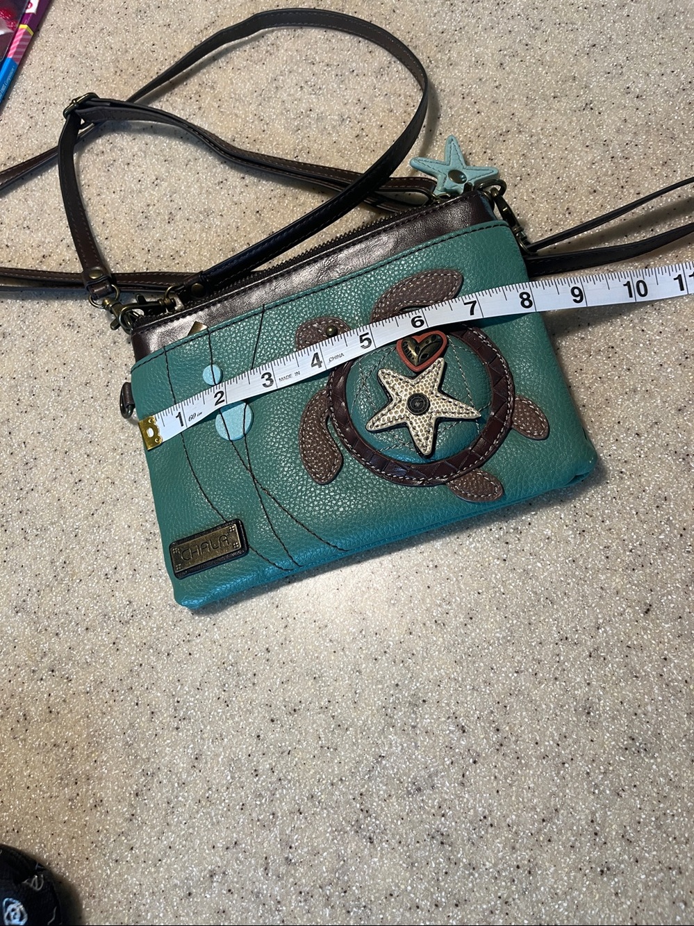 Chala green Crossbody Bag with Turtle Applique and Brown Strap - Picture 7 of 8